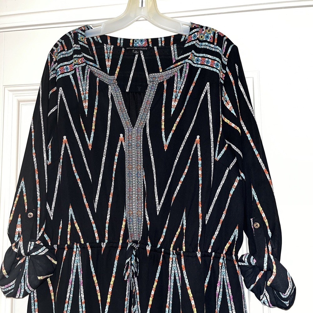 Signature Studio Geometric Tribal Print V-Neck Dress Black XL Boho Tassel Tie - Picture 3 of 10